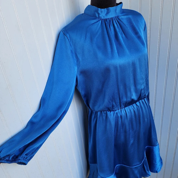 NWT BTFBM Blue Turquoise 3/4 Sleeve Satin Mini Stretch Dress A-Line Ruffle Hem L - Picture 9 of 16